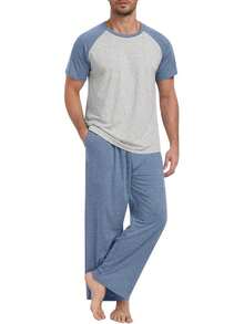 Men's Lightweight Pajama Set With Short Sleeve Top And Pants - Navy Blue-light Gray - View 5