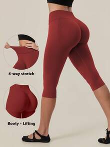 TimeOff Women's 1pc Solid Color Tummy Control Butt Lifting Slim Fit Sports Mid-Length Shorts - Red - View 1