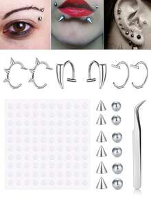 60 piezas/Set Anillos falsos para piercing de labios, cejas y puente de la nariz con bolas de repuesto y pegatinas, mordidas de serpiente falsas para labios, accesorios de moda sin perforación - Plata/Negro - Ver 1