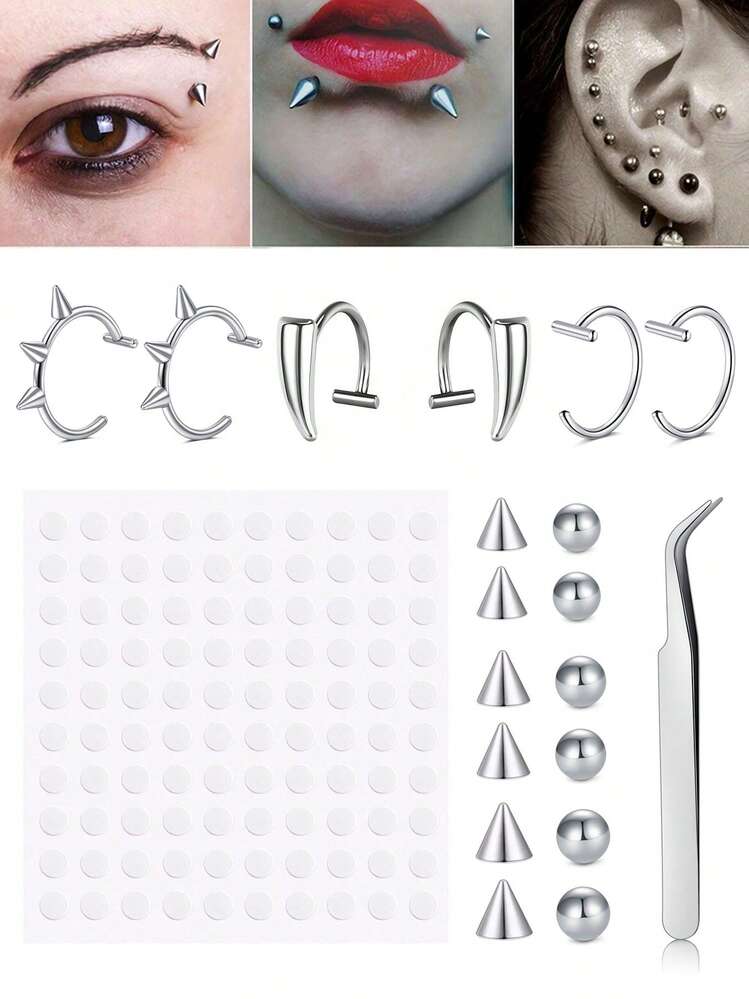 60 piezas/Set Anillos falsos para piercing de labios, cejas y puente de la nariz con bolas de repuesto y pegatinas, mordidas de serpiente falsas para labios, accesorios de moda sin perforación - Plata/Negro - Añade 1