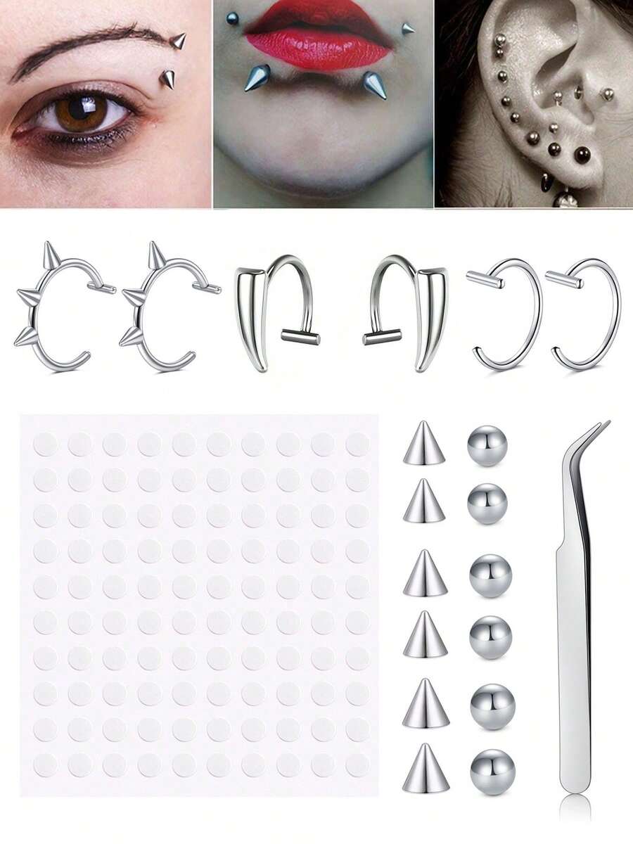 60 piezas/Set Anillos falsos para piercing de labios, cejas y puente de la nariz con bolas de repuesto y pegatinas, mordidas de serpiente falsas para labios, accesorios de moda sin perforación - Plata/Negro - Ver 1