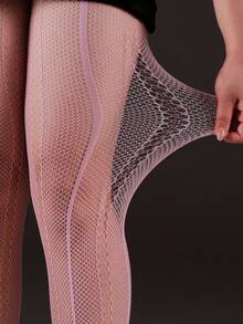 1 Pair Curve Tights Elastic Fishnet Leggings, Pink Symmetrical Vertical Stripe Hollow Mesh Pantyhose, Gothic Style Women's Fashion Sexy Vintage Colorful Stockings, Y2K All Season Wear, Suitable For Christmas, Halloween, Valentine's Day Outfits, Travel, Vacation, Dating, Socializing - Multicolor - View 2