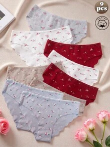 Set Celana Dalam Wanita Katun Rib 9 Pcs, Motif Bunga Kecil, Celana Dalam Pinggang Sedang dengan Tepi Bergelombang, Berbagai Warna Pakaian Dalam untuk Pemakaian Sehari-hari - MultiWarna - View 1