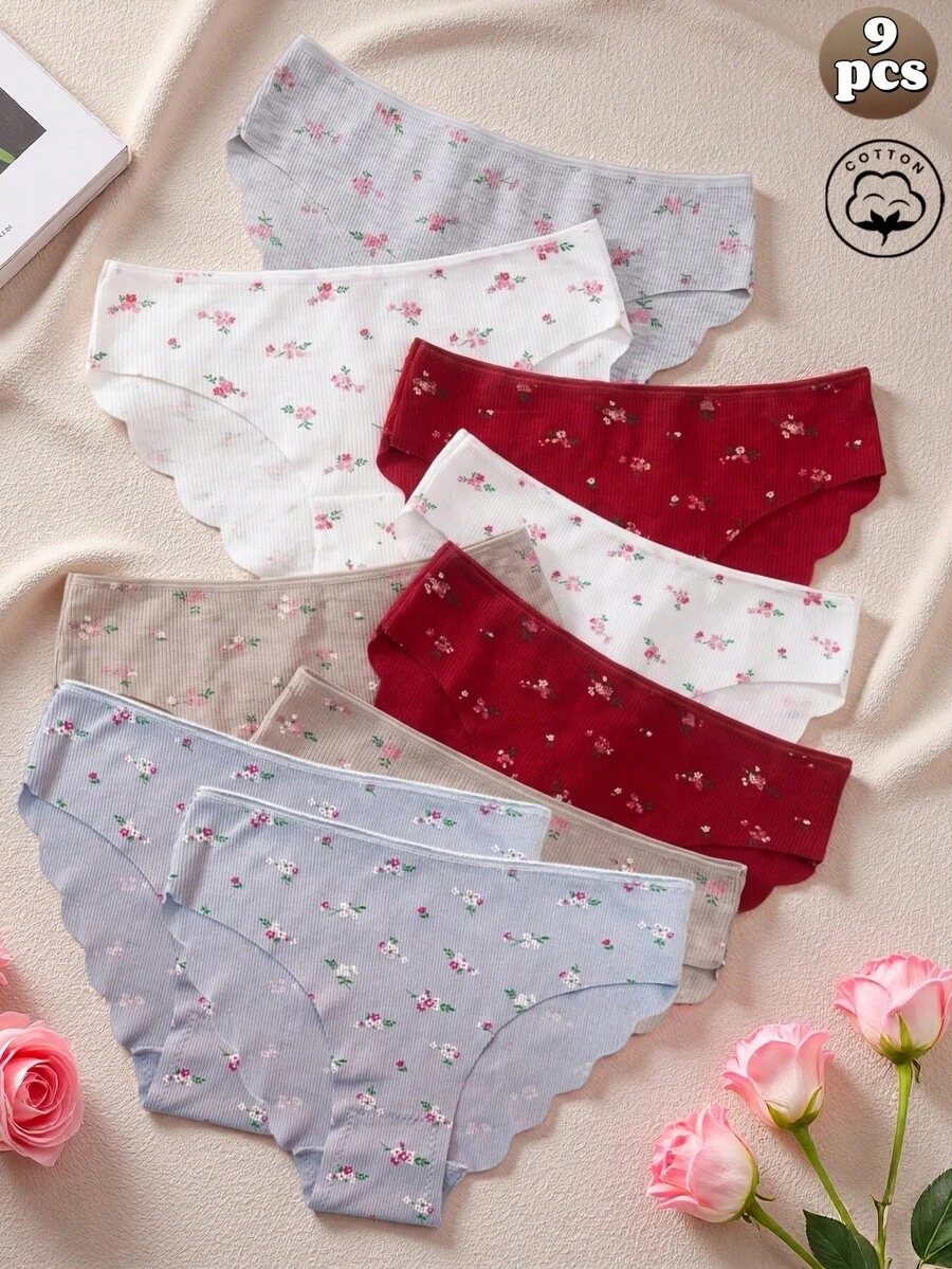 Set Celana Dalam Wanita Katun Rib 9 Pcs, Motif Bunga Kecil, Celana Dalam Pinggang Sedang dengan Tepi Bergelombang, Berbagai Warna Pakaian Dalam untuk Pemakaian Sehari-hari - MultiWarna - View 1