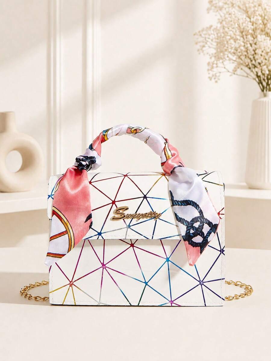 Silk Scarf Chain Colorful Mesh Pattern Fashion Crossbody Bag Handbag - Multicolor - View 1