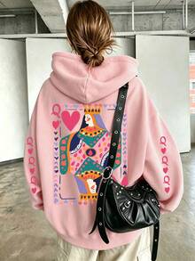 Poker Card Heart Letter Print Sweatshirt, Plus Size Women's Casual Autumn/Winter Long Sleeve Pocket Sweatshirt Sweatshirt Pink - Pink - View 2
