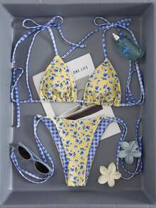 Women's Ditsy FloralPrint Triangle Neck Bikini 2 Pieces Set, Suitable For Island Vacation And Swimming - Multicolor - View 2