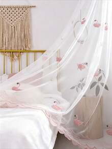 1PC Rod Pocket Modern Swan Embroidered Jacquard Sheer Curtain, Light Filtering Decorative Divider Curtain For Living Room, Bedroom, Dining Room - Pink - View 1