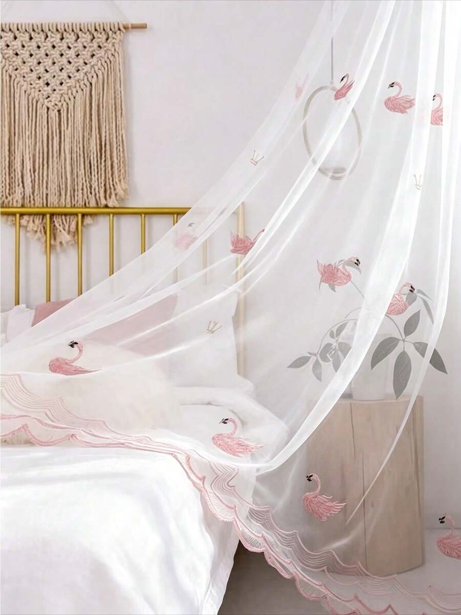 1PC Rod Pocket Modern Swan Embroidered Jacquard Sheer Curtain, Light Filtering Decorative Divider Curtain For Living Room, Bedroom, Dining Room - Pink - View 1