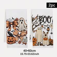 2 PIEZAS Toallas de Cocina con Estampado de Calabaza de Halloween, Lazo y Fantasma, 40*60cm Estilo de Dibujos Animados Rectangular de Microfibra, Toallas de Cocina, Paños de Plato, Manteles, Toallas de Mano, Decoración de Cocina, Decoración del Hogar de Halloween, Regalo de Inauguración de Casa para Vecinos, Perfecto para Uso en Cocina y Baño, Adecuado para Amas de Casa y Reuniones Familiares, Gran Valor, Esencial del Hogar - Blanco - Ver 12