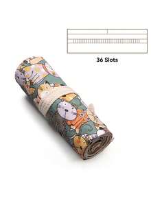 1pc Cartoon Cat Print Roll Up Pencil Case, Multi Slots Canvas Drawstring Pen Wrap, Dual-Use Portable Makeup Brush Storage Bag For Art Painting - Multicolor - View 11