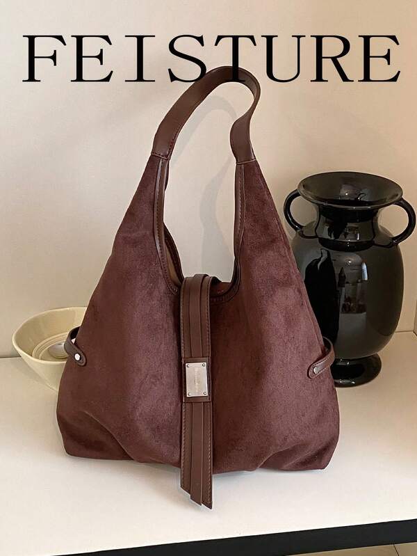 FEISTURE 1pc Women's Large Capacity Suede Shoulder Bag, Fashionable Underarm Bag, Suitable For Platform E-Commerce Images, Need Foreign Female Models, Different Poses, Different Foreign Female Models, Generate 3 Images, Solid Color Background Suitable For The Style Of The Bag, European, American, Black Models