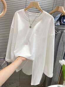 Women's White All-Match Round Neck Solid Color Loose Drop Shoulder Long Sleeve T-Shirt, Mid-Length Flattering Lazy Top, Minimalist Casual Versatile Split Hem Undershirt, Spring/Autumn - White - View 4