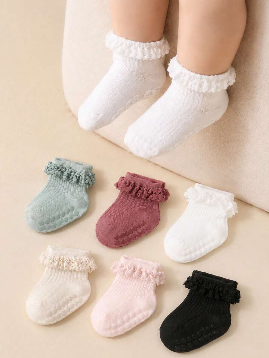 6 双婴儿/幼儿女孩蕾丝边防滑透气短袜，春夏 - 彩色 - 查看 1