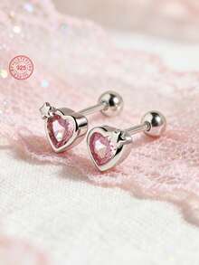 1 Pair 925 Sterling Silver Hypoallergenic Heart-Shaped Stud Earrings, Cute And Playful, Inlaid With Pink Cubic Zirconia, Spiral Backing For Secure Fit, Exquisite And Adorable, Gift Box Included, Suitable For Daily Or Holiday Wear, Gift For Girls, Gift For Girl, Gift For Friends, Gift For Back To School, Holiday Gift - one-size - View 4
