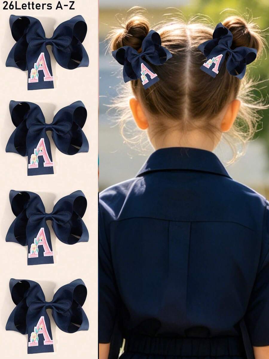 1pc 26 Letters Back To School Navy Blue Hair Bows,Embroidery 26 Letters Flower Hair Clips,Fashion Hair Accessories For Girls Party Gifts,School Stuff - Navy Blue - View 1