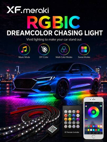 Kit de Luces RGB Inteligentes XF.Meraki Underglow, Control por App y Control Remoto RF, Impermeable IP67, Tira LED de 16 Millones de Colores, Sincronización con Música, Ajuste Universal para Todos los Autos y Camiones, Iluminación Exterior de 12V DC