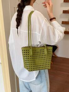 Retro Versatile Simple Solid Color Tote Bag, Niche Design Personalized Hollow Shoulder Bag, Equipped With Small Bags In The Same Color Series, - Green - View 3
