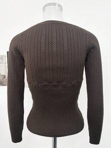 Autumn/Winter New Vintage Square Neck Tie-Front Slim Fit Knitted Top, Flattering Versatile Base Layer - Brown - View 8