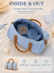 3CE Blue & Brown Canvas Travel Bag, Durable Canvas With Brown Leather Handles, Smooth Zipper Closure, Large Capacity, Lightweight Handheld, Daily Use - Blue-brown - View 8