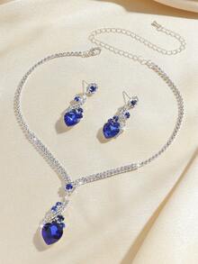 Juego de 3 piezas/Set Collar y Aretes con Corazón de Strass, Adecuado para el Uso Diario de la Mujer, Regalo de Campus, Boda Nupcial, Joyería Elegante Versátil de Alta Gama - Multicolor - Ver 4