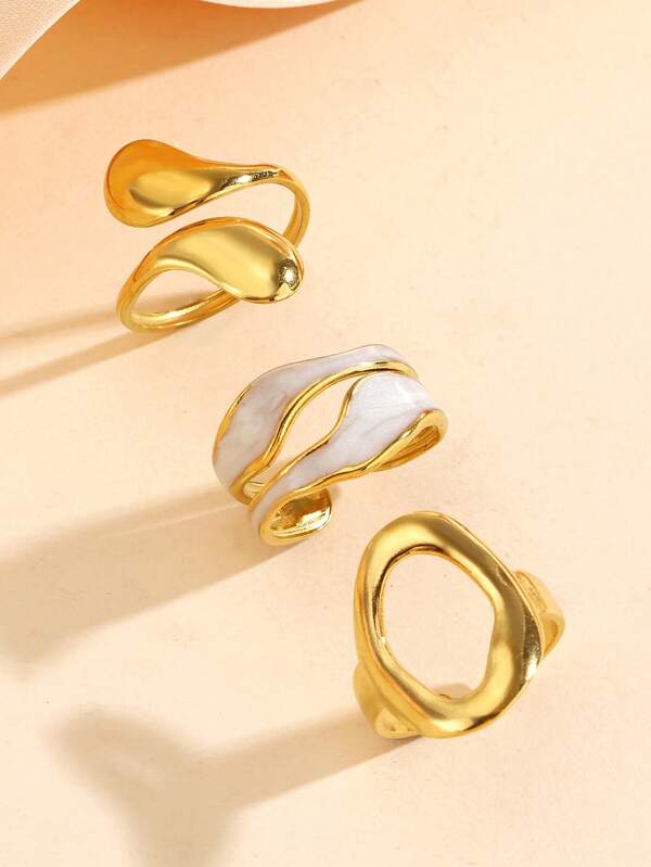 Juego de 3 anillos asimétricos huecos con diseño de gota de agua en acero inoxidable pulido, joyería de regalo adecuada para el uso diario de las mujeres
