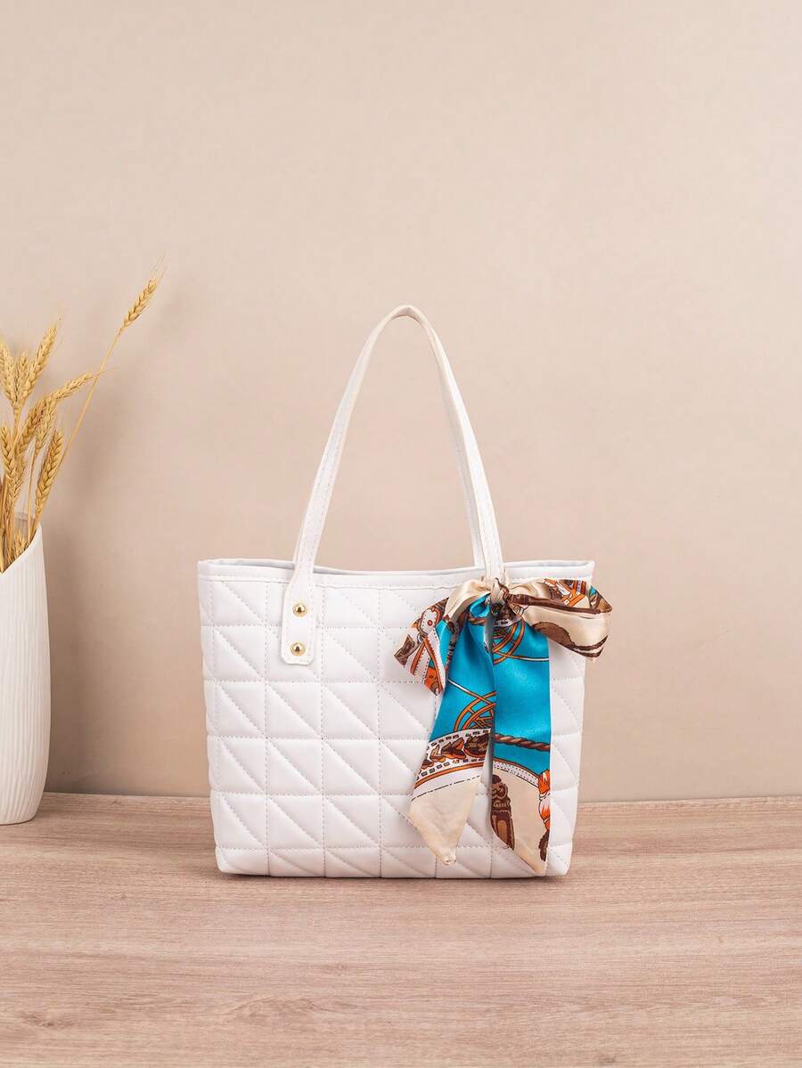 1 pieza Bolso tote acolchado con bordado de diamantes, gran capacidad, ligero y versátil, con decoración de bufanda, adecuado para ir al trabajo - Blanco - Ver 1