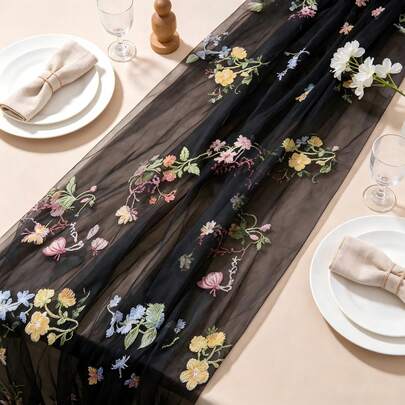 Black Embroidered Lace Floral Table Runner, 10ft Sheer Garden Seasonal Tablecloth, Halloween Holiday Kitchen Dining Table Decor For Wedding, Party, Baby Shower, Birthday