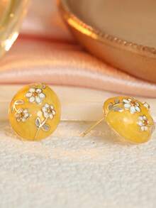 Gmzalx Minimalist Fresh Women's Oval Earrings With Small Flower Drop, Suitable For Daily Commute And Casual Travel - Yellow - View 3