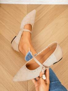 2026 New French Style Pointed Toe Flat Mary Jane Shoes For Women, Low Vamp, Elegant Fashionable For Outwear, Pairs Well With Skirts - Beige - View 7