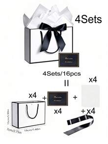 4件組禮品袋套裝，包含1個禮品袋、1張棉紙、1條緞帶和1張卡片，購物袋，附手柄包裝袋，蝴蝶結裝飾手提袋，高檔紙袋，適合女孩婚禮派對、聖誕節、感恩節、新年、婚禮、生日禮物包裝袋，情人節伴娘女友派對禮物，情人節及其他場合 - 彩色 - 查看 26