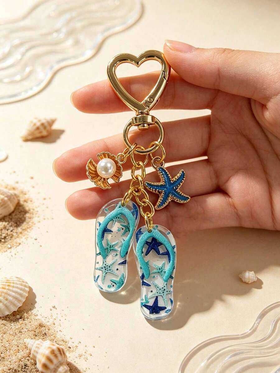 Vigour Summer 藍色海星與夾腳拖珍珠貝殼吊飾鑰匙圈，時尚合金鑰匙圈，背包吊飾，汽車鑰匙圈，適合女性日常使用，情侶禮物，經典極簡鑰匙圈，裝飾，包包配件，非常適合海邊度假，海邊派對禮物