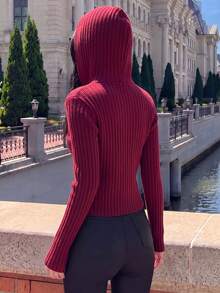 Women's Casual Elegant Vertical Striped Hooded Cardigan Knit Sweater Jacket, Red, Autumn/Winter - Red - View 3