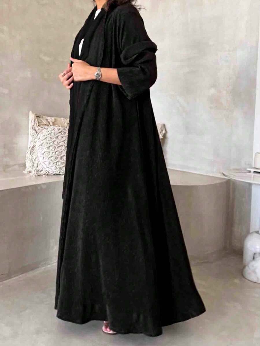 2pcs Women's Brown Long Kaftan Robe + Chiffon Matching Headscarf, Regular Long Sleeve, Non-Stretch Woven Fabric, Ideal Autumn Outfit Black Fall - Black - View 1