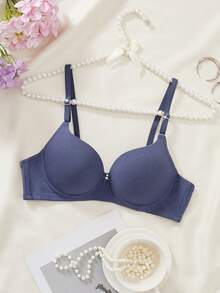 1件女款舒適睡眠鋼圈軟杯純色棉質內衣內褲文胸 - 藍色 - 查看 2