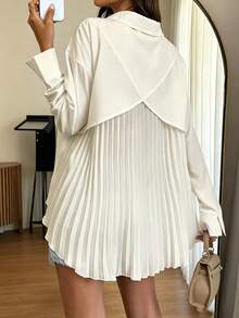 Women's Basic Long Sleeve Woven Shirt, Asymmetric Hem, Classic Collar, Non-Stretch Fabric Top - Light Yellow - View 3