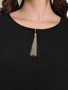 Heavy Gold Embroidery Arabic Women's Black Elegant Dress, JALABIA Gold Tassel Round Neck Short Sleeve Minimalist Style Dress, 2026 Summer Casual Wear - Black - View 8