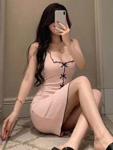 DAZY 女士夏季休闲连衣裙，罗纹蝴蝶结性感修身纯色吊带舒适吊带裙，适合户外穿着 - 珊瑚橙 - 查看 1