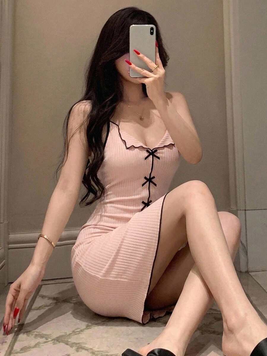 DAZY 女士夏季休闲连衣裙,罗纹蝴蝶结性感修身纯色吊带舒适吊带裙,适合户外穿着 - 珊瑚橙 - 查看 1