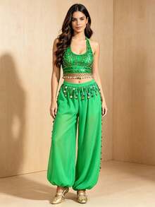 Professional Belly Dance Rhinestone Fringe Halter Crop Top, Elastic Waist Dot Mesh Harem Pants For Dance Training, Gala Shows And Competitions - Multicolor - View 17