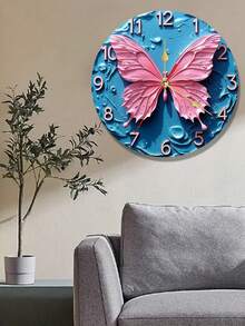 2D flache Wanduhr, rosa Schmetterlingsmuster-Themendesign, eine leise Holzwanduhr, geeignet für Wohnzimmer, Schlafzimmer, Bürodekoration, moderner Stil Wanduhr, Batterie nicht enthalten, 2D flach - Verschiedenfarbig - Übersicht 3