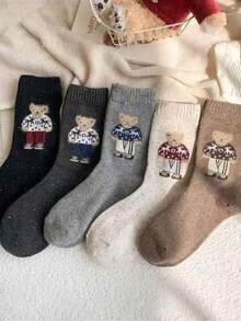 5 Pairs Vintage Polka Dot Short Socks With Cute Bear Pattern, Suitable For Warmth In Autumn And Winter. 1/3/5 Pairs - Set a - View 2