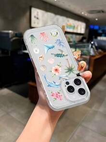 1件水彩海洋插畫透明手機殼，熱帶海洋生物印花保護套，含海龜、海豚、貝殼與棕櫚樹圖案，防震氣墊軟殼高級保護殼，透明防摔吸震TPU手機殼，適用於Apple 15/14/13/12/11/7/8/16/17/Air/17pro/17promax及其他機型，夏季海灘度假風手機殼，時尚夏季配件 - 彩色 - 查看 3