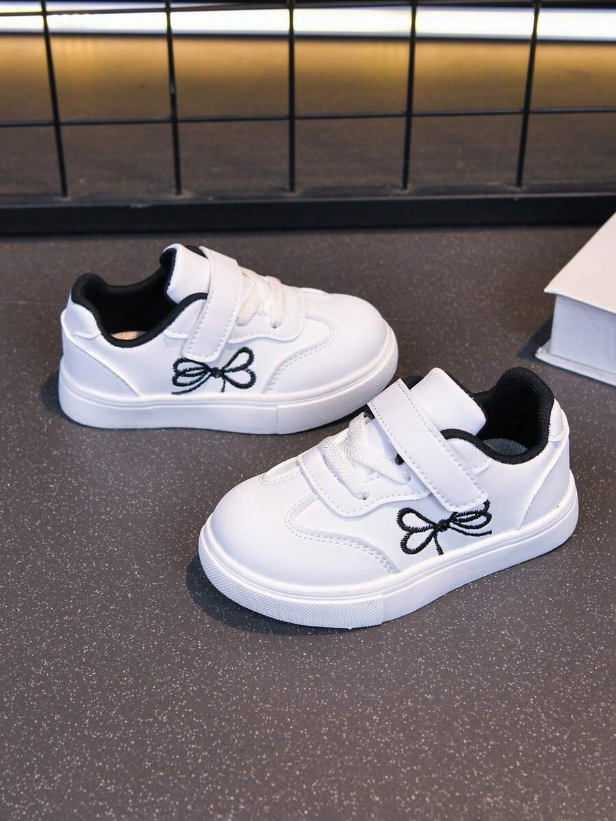 Children's Simple Embroidered Bow Knot Shoes, Versatile Hook And Loop Infant Toddler White Sneakers - White - View 1