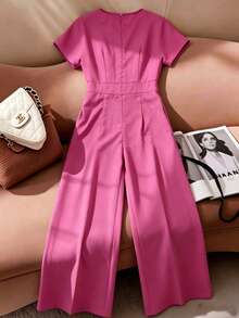 Women's New Solid Color Cutout Pocket Wide Leg Jumpsuit, Suitable For Daily, Office, Vacation In Spring & Summer - Recommend Sizing Up One Size For Slim Fit - Hot Pink - View 5