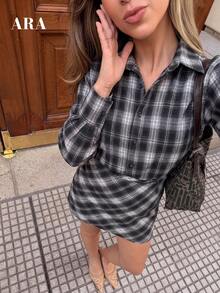 ARA Women Plaid Shirt Mini Dress, Collared Long Sleeve Button Down Waist Ruched Tunic Dress, Vintage American Checkered Shirt Dress For Autumn Winter - Black and White - View 8