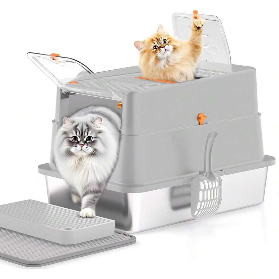 Edelstahl-Katzenstreubox, Vollständig Geschlossen, Große Metall-Katzenstreubox mit Hohen Seitenwänden und Transparentem Deckel 120 ° Kehrschaufel und Matte, lila, XL 1OIM - Hellgrau - Übersicht 1