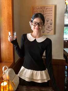 Contrast Color Peter Pan Collar Layered Ruffle Hem Elegant Preppy Style Long Sleeve T-Shirt Top - Black - View 3
