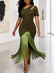 Gaun Bodycon Panjang Sedang AOMEI Wanita Elegan Warna Hijau Zaitun dengan Rumbai, Potongan Bahu Terbuka, Lengan Pendek, dan Belahan di Bagian Bawah, Gaun Pesta Malam untuk Prom - Olive Green - View 5