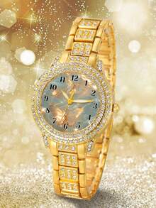 Women's Diamond Watch, Luxury Gold Metal Band Wristwatch, Exquisite Butterfly Dial Analog Dress Watch, Suitable For Daily And Party Wear - A - View 5